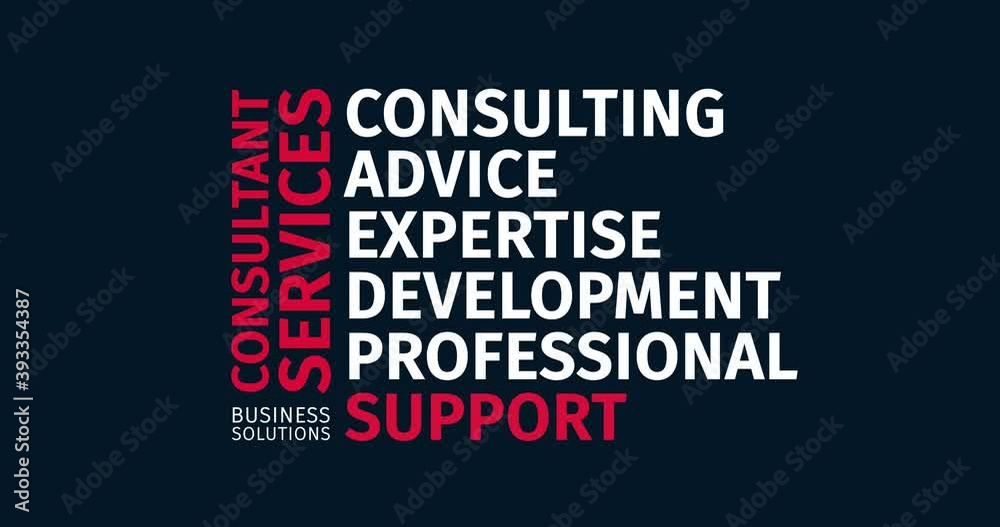 Consultant Services. Business Solutions. Animated word cloud text. Kinetic typography Animation. Consultant Services. Business Solutions. Animated word cloud text. Kinetic typography Animation.