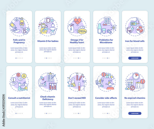 Essential supps, consumption tips onboarding mobile app page screen with concepts set. Maintaining health walkthrough 5 steps graphic instructions. UI vector template with RGB color illustrations