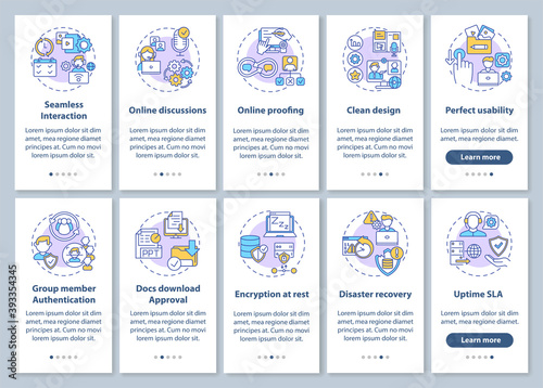 Remote work app features onboarding mobile app page screen with concepts set. Security parameters walkthrough 5 steps graphic instructions. UI vector template with RGB color illustrations