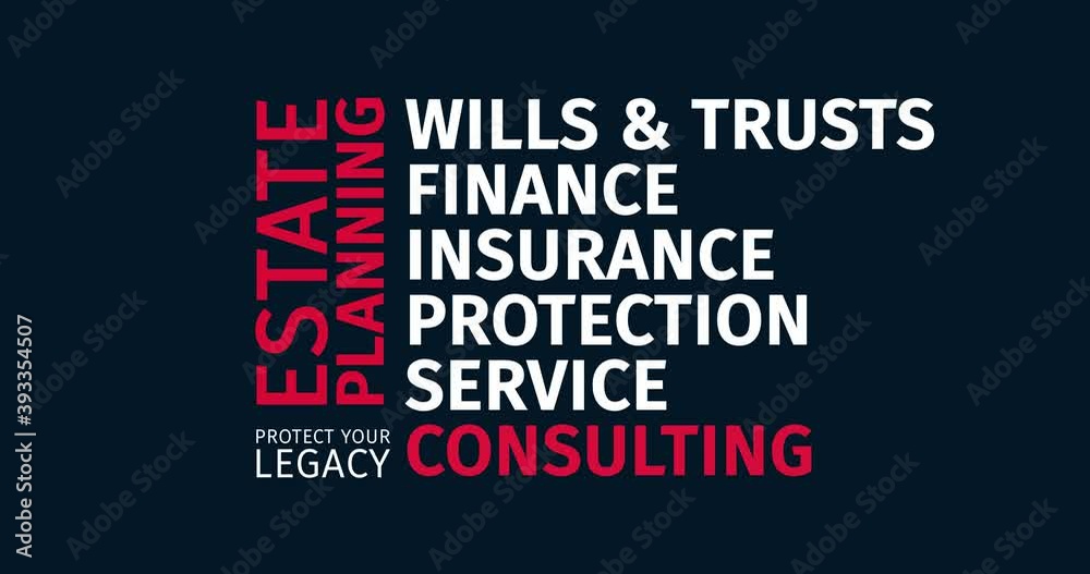 Estate Planning. Protect your legacy. Animated word cloud text. Kinetic typography Animation. Estate Planning. Protect your legacy. Animated word cloud text. Kinetic typography Animation.