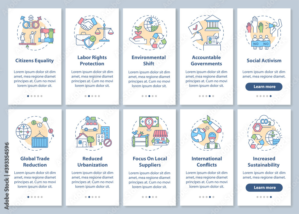 Social change advantages onboarding mobile app page screen with concepts set. Reverse globalization trends walkthrough 5 steps graphic instructions. UI vector template with RGB color illustrations