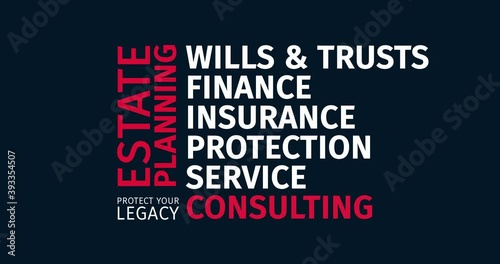 Estate Planning. Protect your legacy. Animated word cloud text. Kinetic typography Animation.
