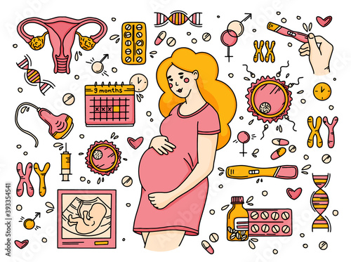 Pregnancy set in Doodle style, prenatal care for woman. Vector illustration hand drawing