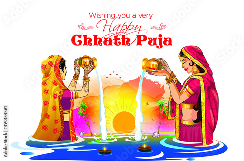 Beautiful Chhath Puja festival background, idea, concept. People standing in water river, worshipping God Sun with fruit basket & Diwali light in India. “Happy Chhath Puja” Hindi calligraphy text