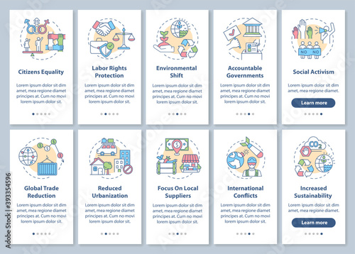 Social change advantages onboarding mobile app page screen with concepts set. Reverse globalization trends walkthrough 5 steps graphic instructions. UI vector template with RGB color illustrations