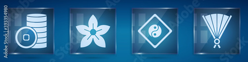 Set Chinese Yuan currency, Lotus flower, Yin Yang and Paper chinese folding fan. Square glass panels. Vector.