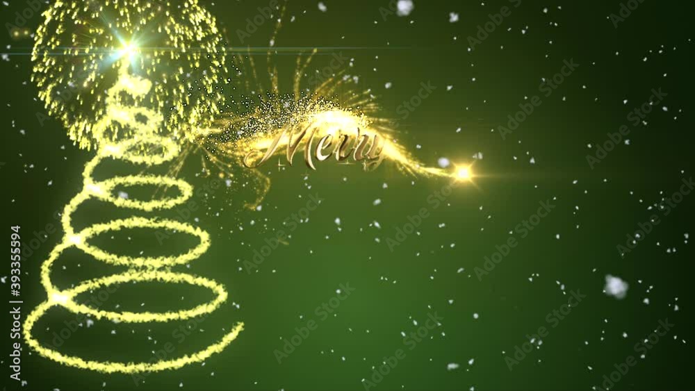 Stylish Green Christmas Motion Graphic with animated snow and spiral Christmas tree in glittering sparkles with a firework burst revealing the star on top, and the message �Merry Christmas�