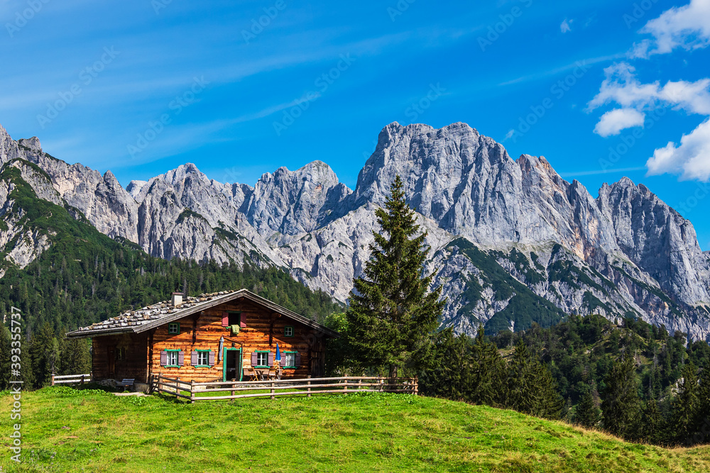 Blick auf die Litzlalm mit Hütte in Österreich Stock-Foto | Adobe Stock