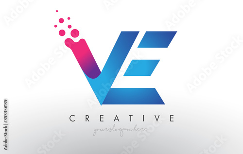 VE Letter Design with Creative Dots Bubble Circles and Blue Pink Colors photo