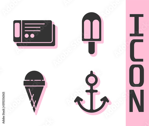 Set Anchor, Travel ticket, Ice cream in waffle cone and Ice cream icon. Vector.