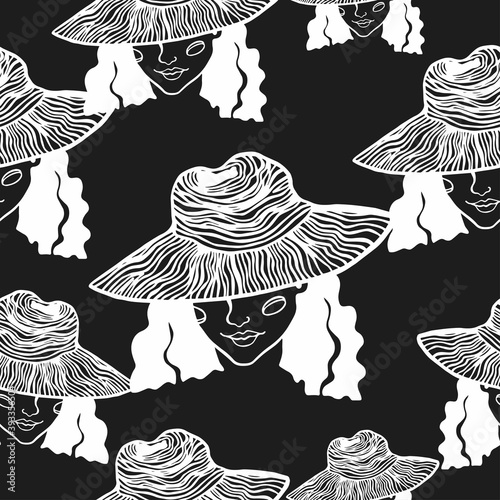 Vector seamless pattern silhouettes portrait of a girl in a hat. Girl drawing by a line on a black background design for printing on paper, textiles, packaging, wallpaper.