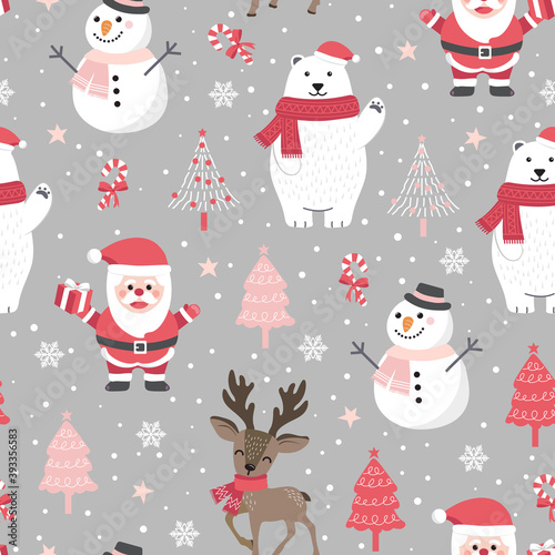 Christmas seamless pattern with santa and polar bear background, Winter pattern with reindeer, wrapping paper, winter greetings, web page background, Christmas and New Year greeting cards