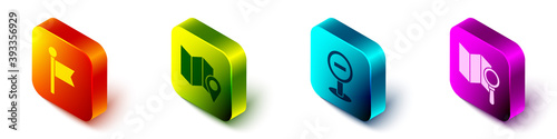 Set Isometric Location marker, Folded map with location marker, Stop sign and Search location icon. Vector.