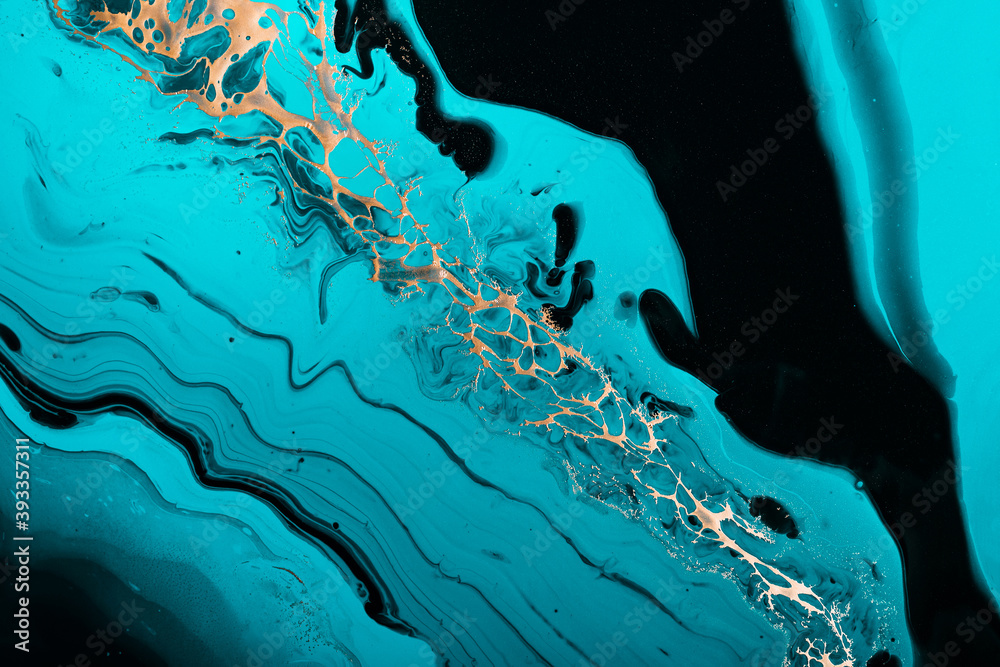 Fototapeta Fluid Art. Golden wave in luxurious turquoise swirls. Marble effect background or texture