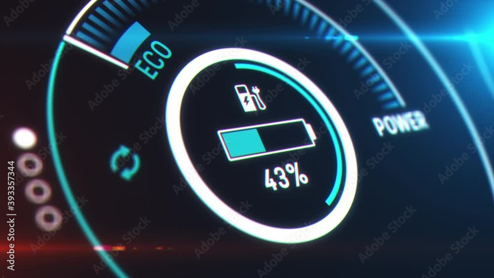 Electric car dashboard display. Electric Car Charging Indicating the Progress of the Charging, electric vehicle battery indicator showing an increasing battery charge