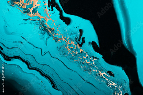 Fluid Art. Golden wave in luxurious turquoise swirls. Marble effect background or texture