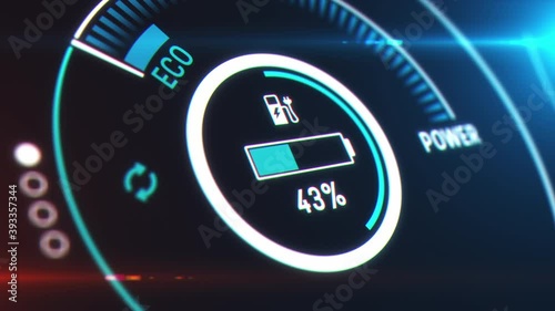 Electric car dashboard display. Electric Car Charging Indicating the Progress of the Charging, electric vehicle battery indicator showing an increasing battery charge