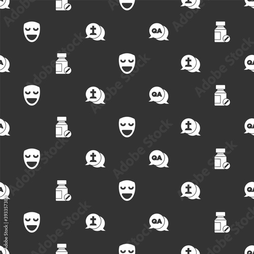 Set Question and Answer, Sedative pills, Comedy theatrical mask and Graves funeral sorrow on seamless pattern. Vector.