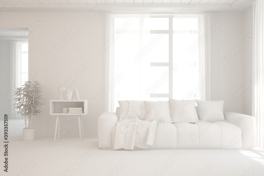 Fototapeta premium White minimalist living room with sofa. Scandinavian interior design. 3D illustration
