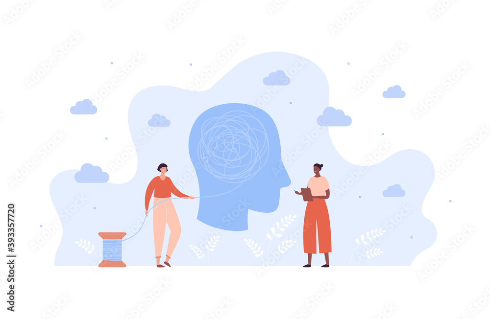 Fototapeta premium Mental health care concept. Vector flat people character illustration. Female patient and african american woman psychologist meeting. Psychological therapy session. Human head with tangled thread.