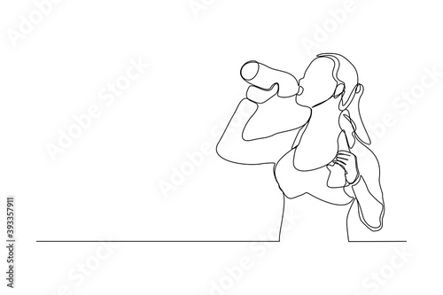 Continuous line drawing of sporty woman drink energy water from bottle. One line art concept of healthy life style. Vector illustration