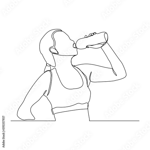 Continuous line drawing of sporty woman drink energy water from bottle. One line art concept of healthy life style. Vector illustration