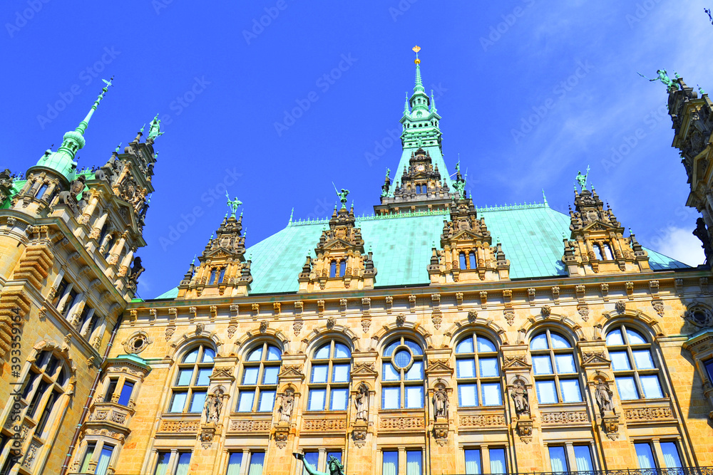 Inner courtyard of the city hall in Hamburg (Rathaus) in sunny summer day. Germany, Europe.