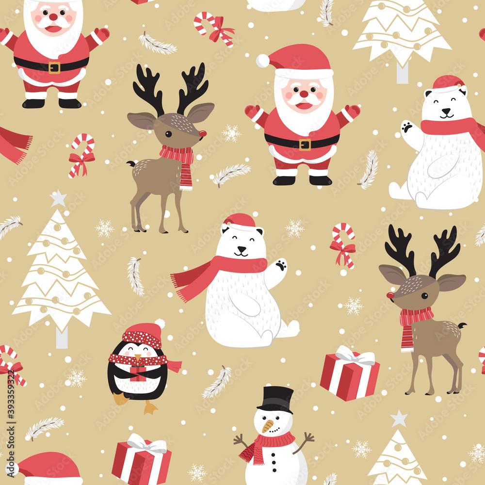 Christmas seamless pattern with santa and reindeer background, Winter pattern with polar bear, wrapping paper, winter greetings, web page background, Christmas and New Year greeting cards