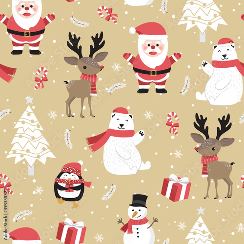 Christmas seamless pattern with santa and reindeer background  Winter pattern with polar bear  wrapping paper  winter greetings  web page background  Christmas and New Year greeting cards