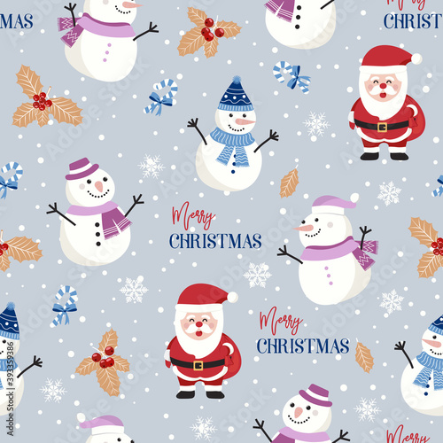 Christmas seamless pattern with snowman background, Winter pattern with holly berries, wrapping paper, winter greetings, web page background, Christmas and New Year greeting cards © JANNTA