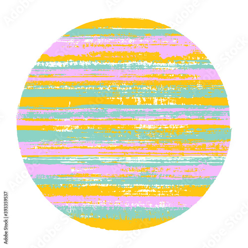Ragged circle vector geometric shape with striped texture of paint horizontal lines. Disc banner with old paint texture. Badge round shape logotype circle with grunge background of stripes.