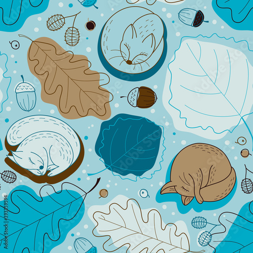 Seamless pattern with leaves oak and aspen, acorns, fox and squirrels in winter. Vector background for fabric, textile, posters, gift wrapping paper, napkins, tablecloths.
