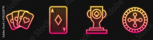Set line Casino poker trophy cup, Deck of playing cards, Playing card with diamonds and Casino roulette wheel. Glowing neon icon. Vector.