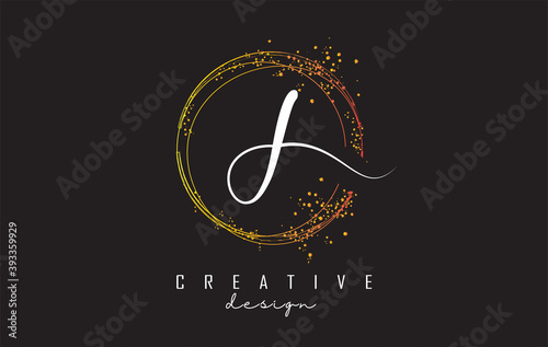 Golden sparkling circles and glitter frame for handwriting J letter logo.