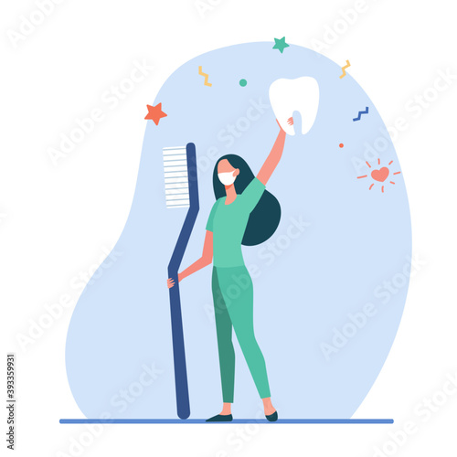 Tiny dentist holding giant toothbrush and tooth. Cleaning, caries, health flat vector illustration. Stomatology and dentistry concept for banner, website design or landing web page