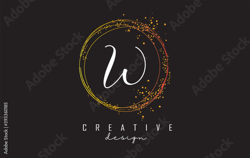 Golden sparkling circles and glitter frame for handwriting W letter logo.