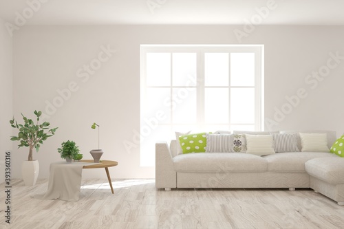 White living room with sofa. Scandinavian interior design. 3D illustration