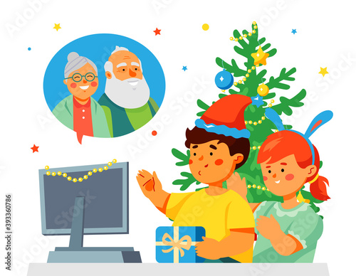 Children congratulating grandparents on New Year - flat design style illustration