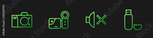 Set line Speaker mute, Photo camera, Cinema and USB flash drive. Gradient color icons. Vector.