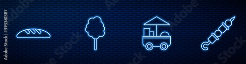 Set line Fast street food cart, Bread loaf, Cotton candy and Grilled shish kebab. Glowing neon icon on brick wall. Vector.