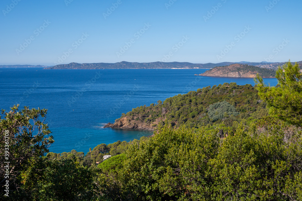 Summer vacation on French Riviera, view on azure blue Mediterranean sea near Le Lavandou, Var, Provence, France