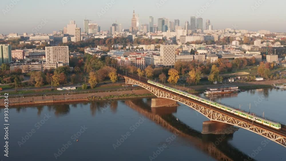 Train bridge in Warsaw seen from a drone during sunrise. Train bridge in Warsaw seen from a drone during sunrise.