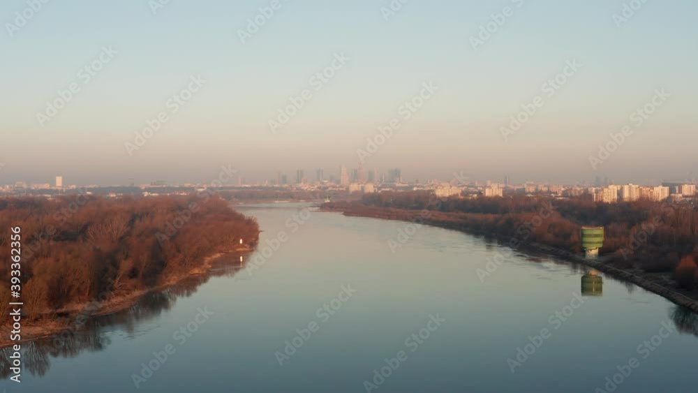 Foggy morning over Vistula river, Warsaw seen in the distance. Foggy morning over Vistula river, Warsaw seen in the distance.