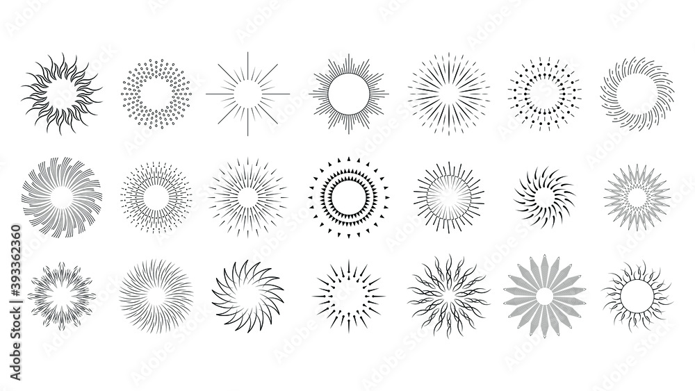 Set Abstract Collection Starburst Black Line Doodle Spark Design Elements Vector