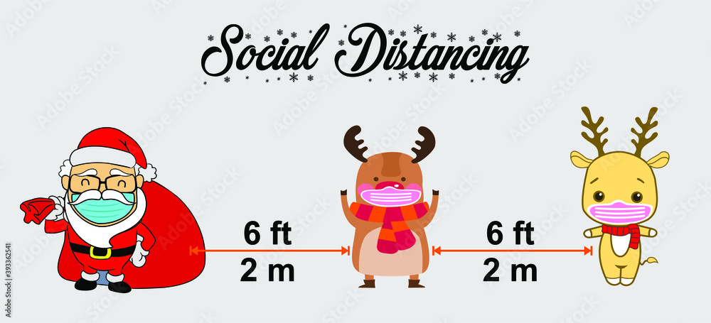 Fototapeta premium Santa Claus and two reindeer wear masks and spaced 6 feet or 2 meters to prevent the virus from spreading during the Christmas holiday season.