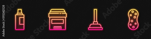 Set line Rubber plunger, Bottle for cleaning agent, Antiperspirant deodorant roll and Sponge. Glowing neon icon. Vector.