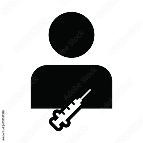 Vaccination icon vector with vaccine syringe male user person profile avatar symbol for medical and healthcare treatment in a glyph pictogram illustration