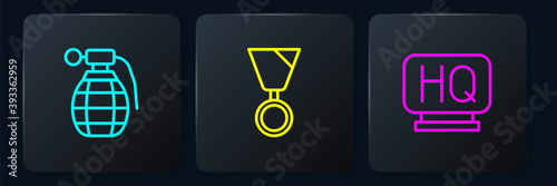 Set line Hand grenade, Military headquarters and reward medal. Black square button. Vector.