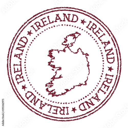 Ireland round rubber stamp with country map. Vintage red passport stamp with circular text and stars, vector illustration.