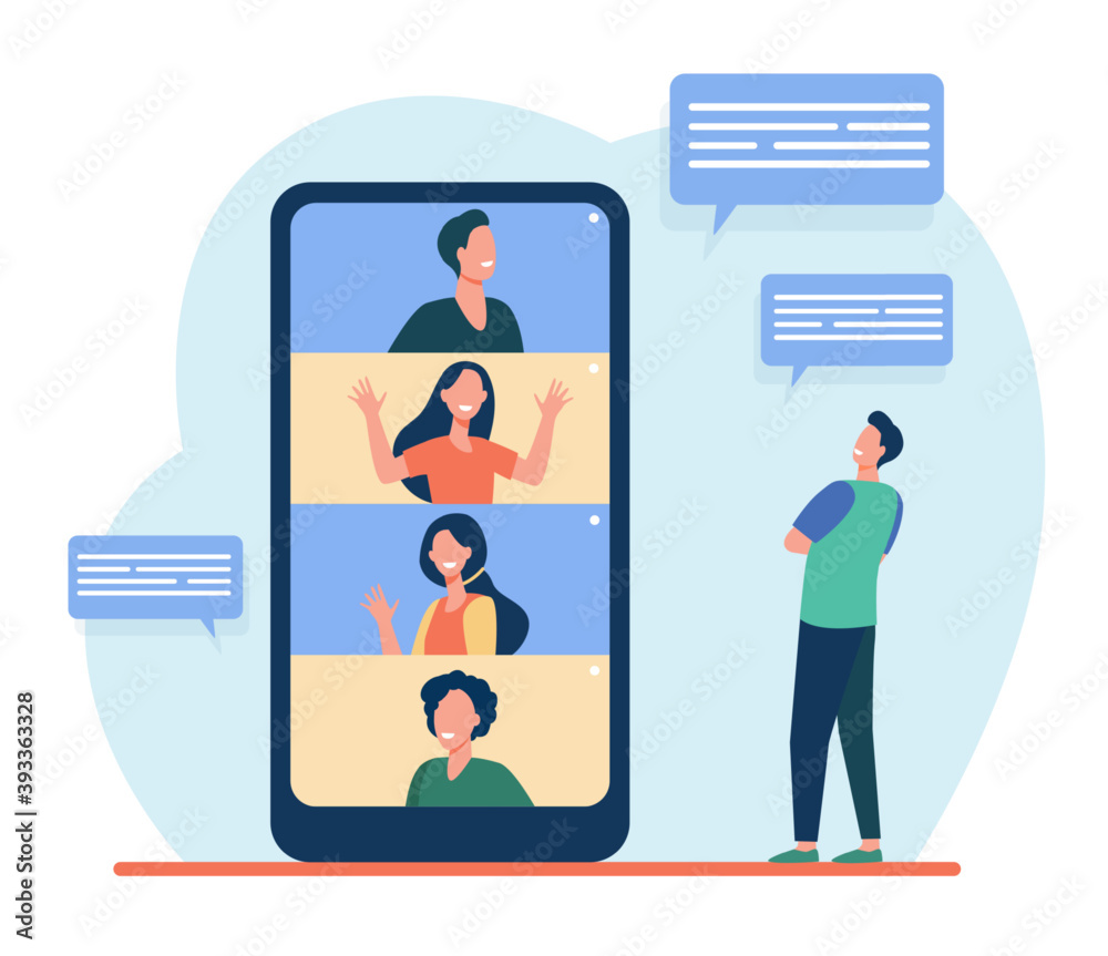 People talking on video conference. Smartphone, friend, chat flat vector illustration. Communication and digital technology concept for banner, website design or landing web page People talking on video conference. Smartphone, friend, chat flat vector illustration. Communication and digital technology concept for banner, website design or landing web page